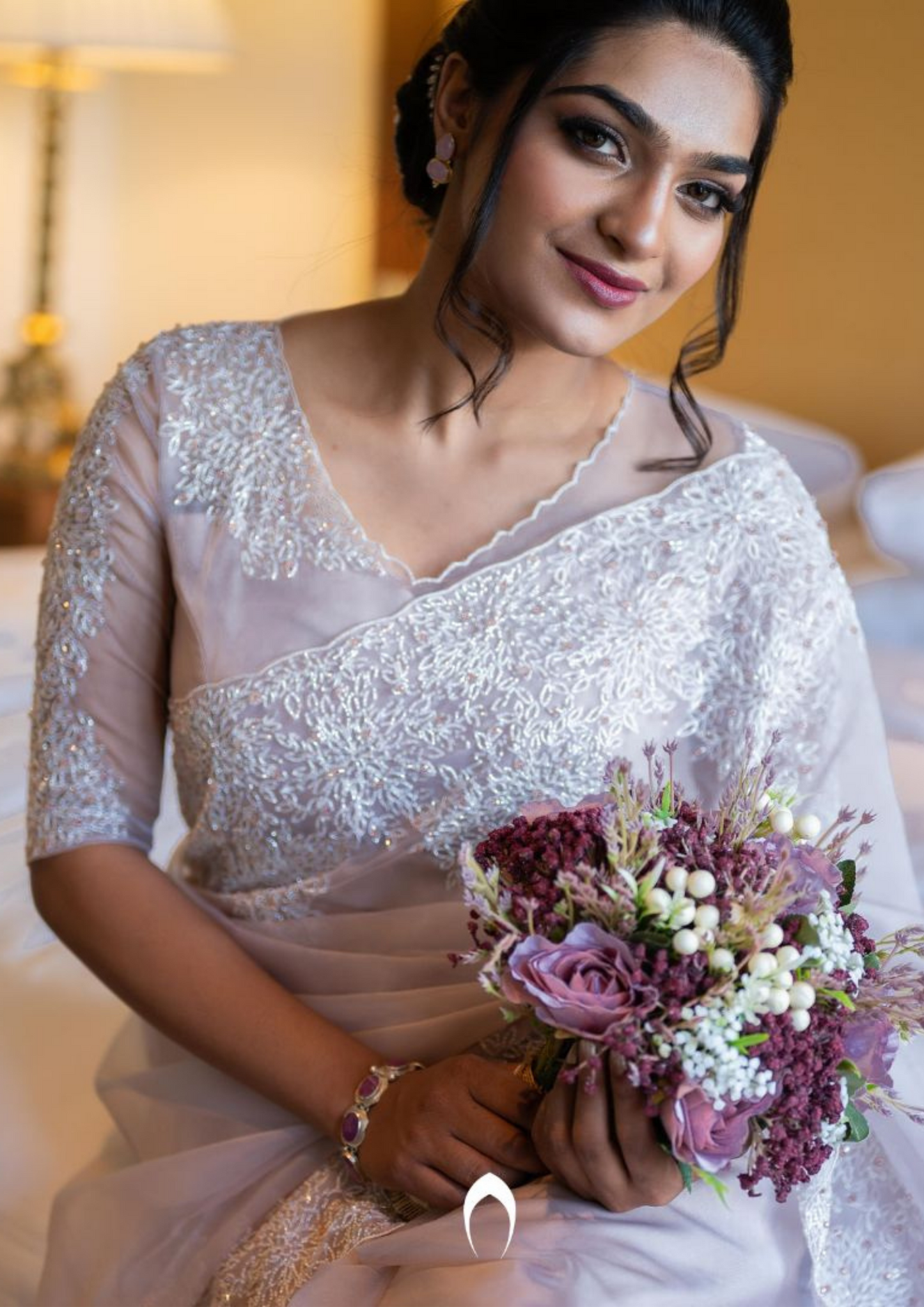 Signature Christian bridal saree in pink with intricate heavy hand embroidery