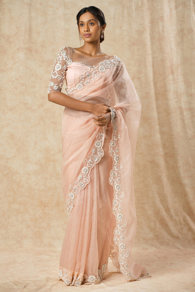 Pink Organza Saree with Handcrafted Floral Border and Blouse