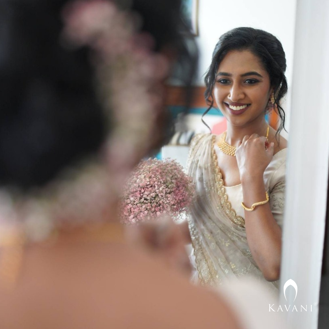 Our beautiful bride showing her elegance of her bridal outlook with beautiful bridal organza saree  with complete thread embroidery and enhancing hand embroidery work