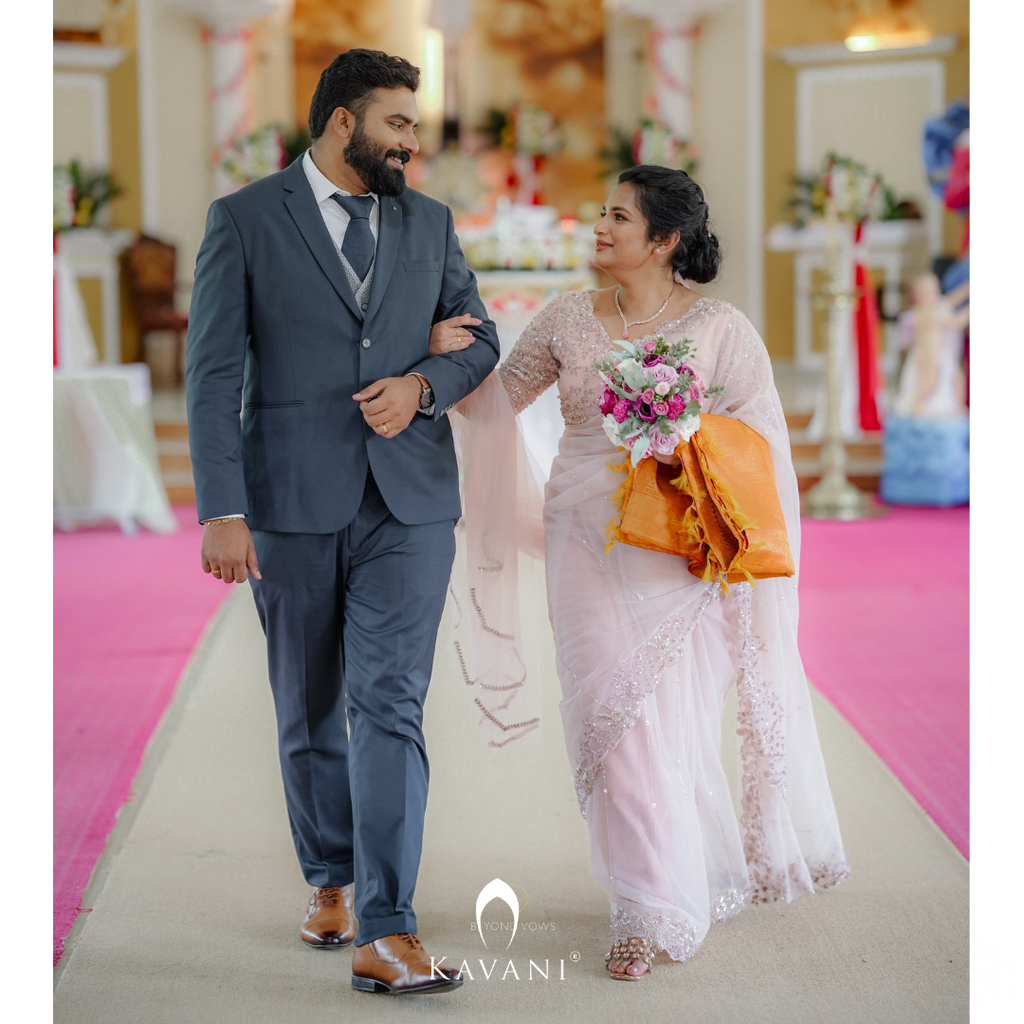 Our beautiful bride in her pretty bridal pastel saree with beautiful hand embroidery