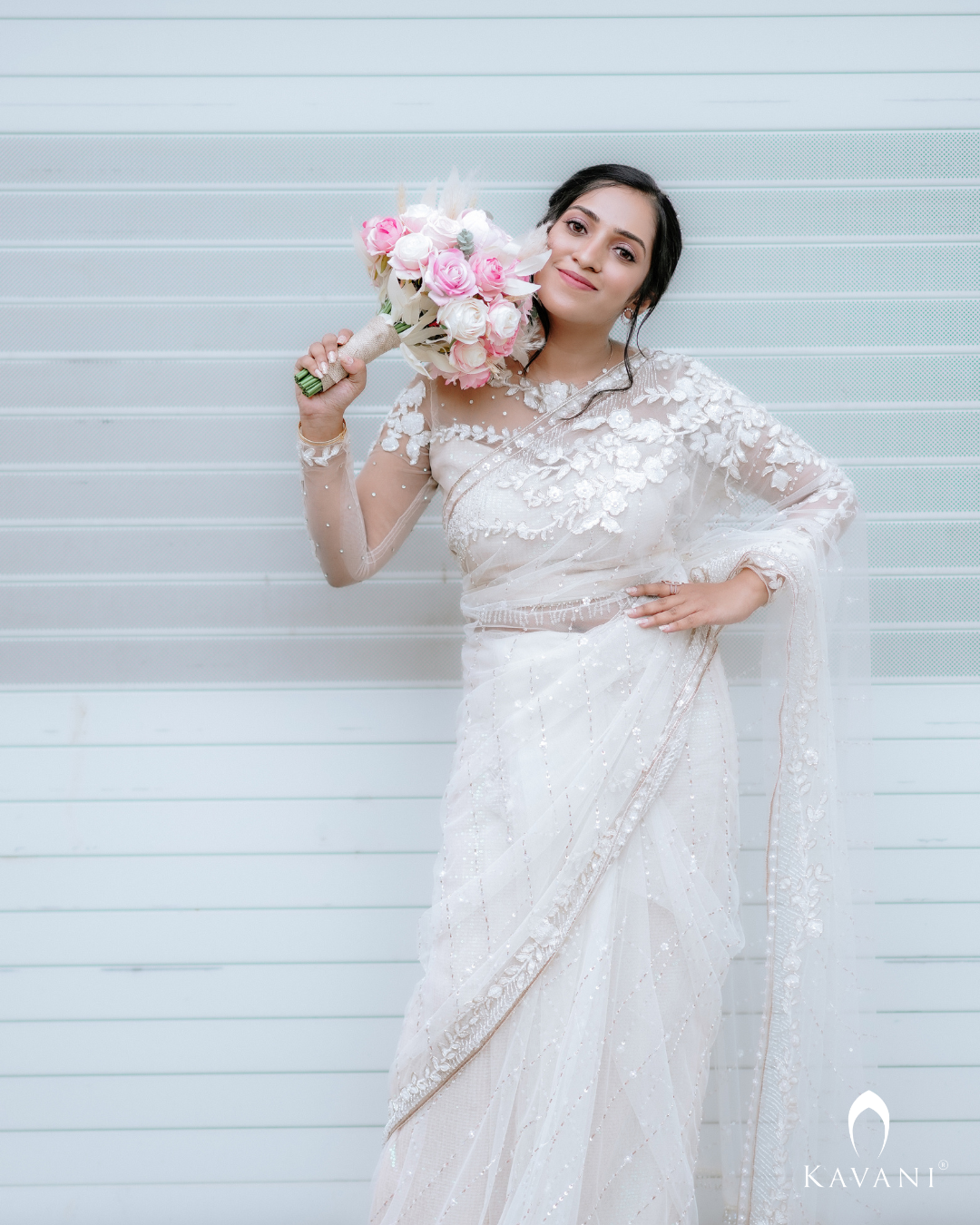 Signature christian bridal saree with intricate lace work and hand embroidery