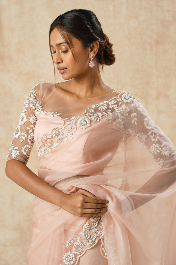 Pink Organza Saree with Handcrafted Floral Border and Blouse
