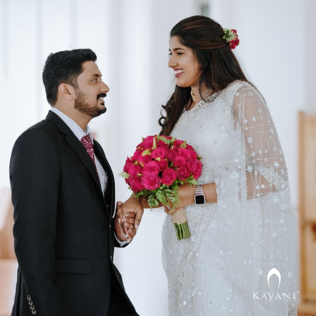 Our beautiful bride in her stunning outlook in her bridal saree with embellished lace and hand embroidery