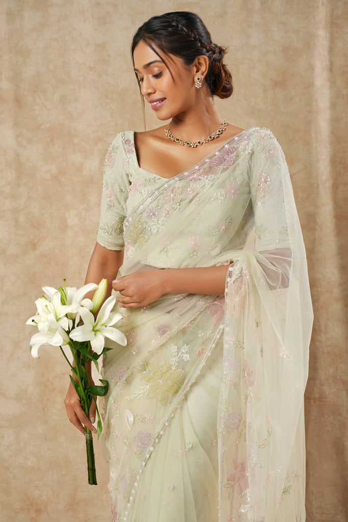 Sage Green Net Saree with Multicolor Floral Appliqué & Beaded Detailing