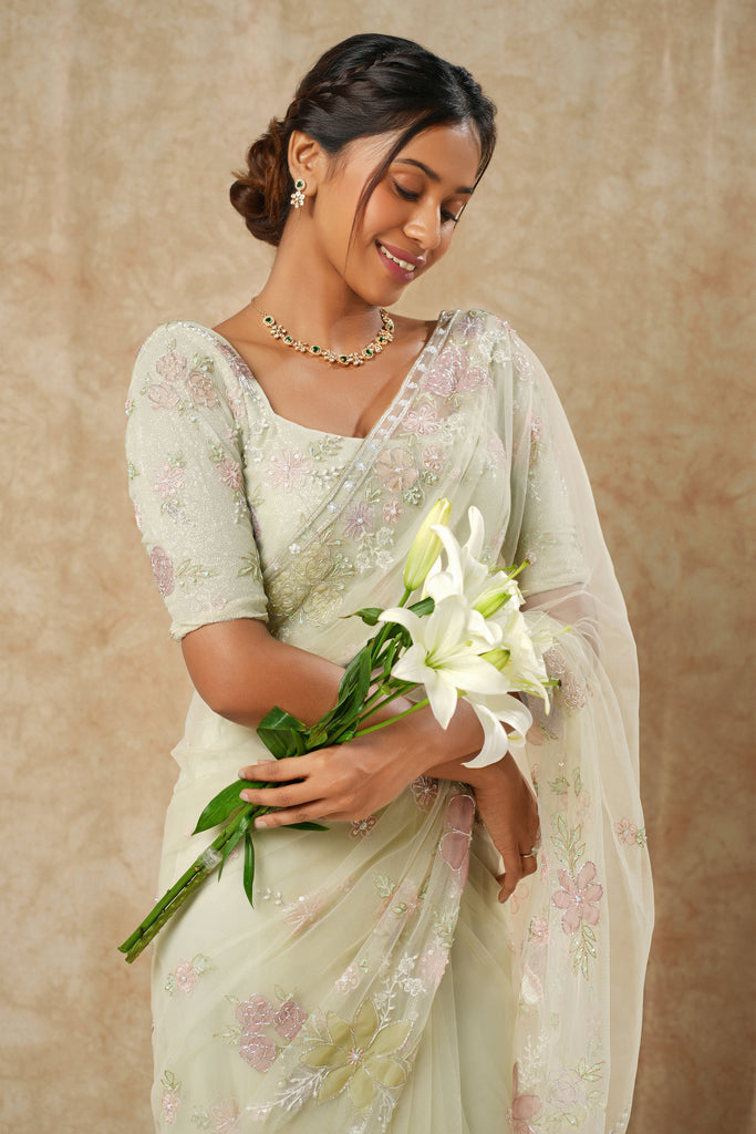 Sage Green Net Saree with Multicolor Floral Appliqué & Beaded Detailing