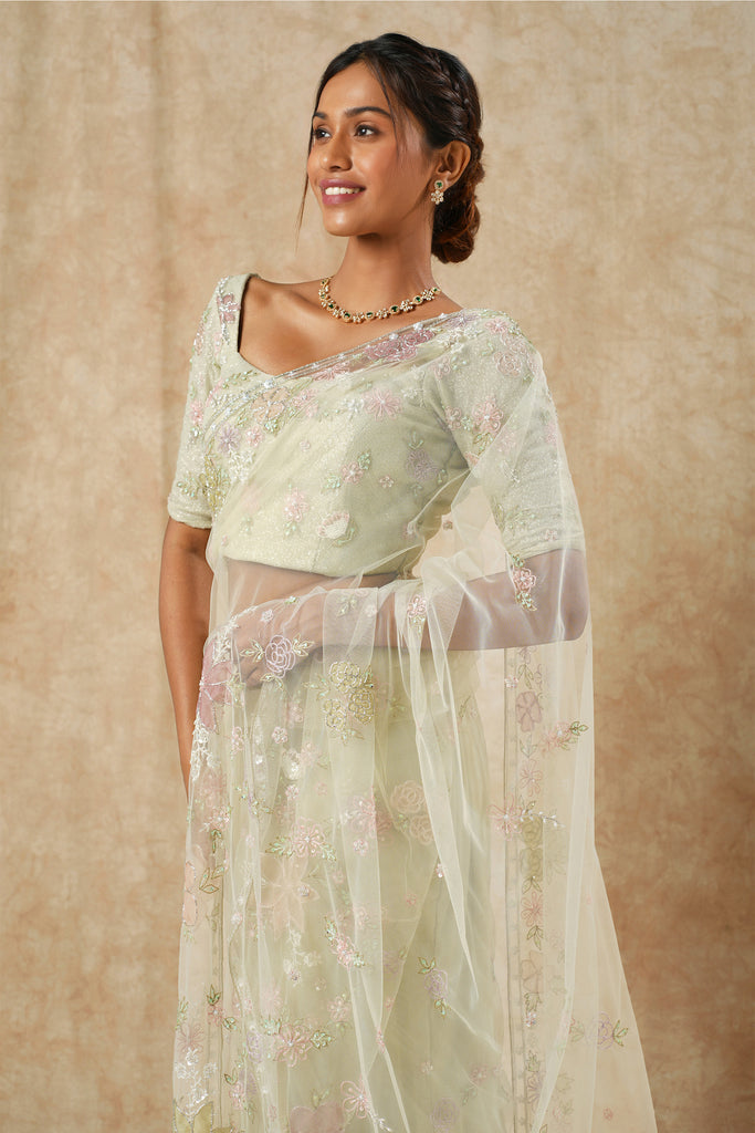 Sage Green Net Saree with Multicolor Floral Appliqué & Beaded Detailing