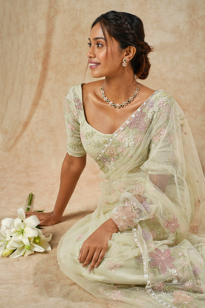 Sage Green Net Saree with Multicolor Floral Appliqué & Beaded Detailing
