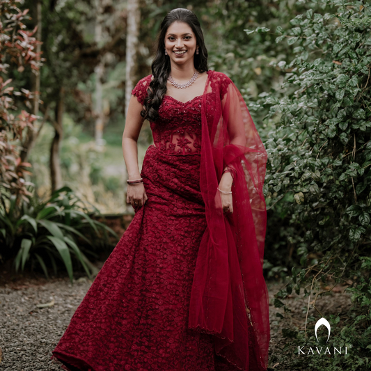 Our precious bride in her beautiful and classic looking reddish lehenga with beautiful self color thread embroidery lace