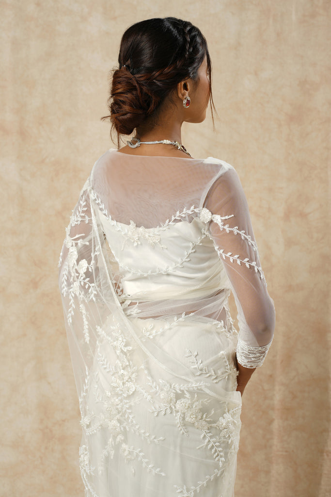 White Net Saree with Floral & Leaf Embroidery