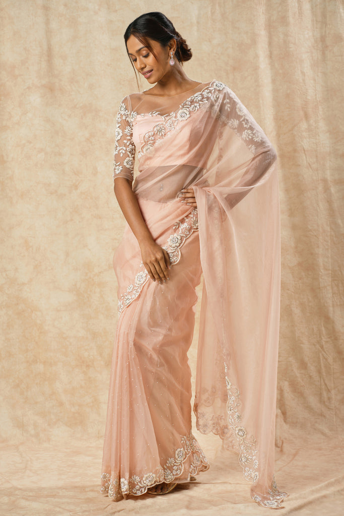 Pink Organza Saree with Handcrafted Floral Border and Blouse