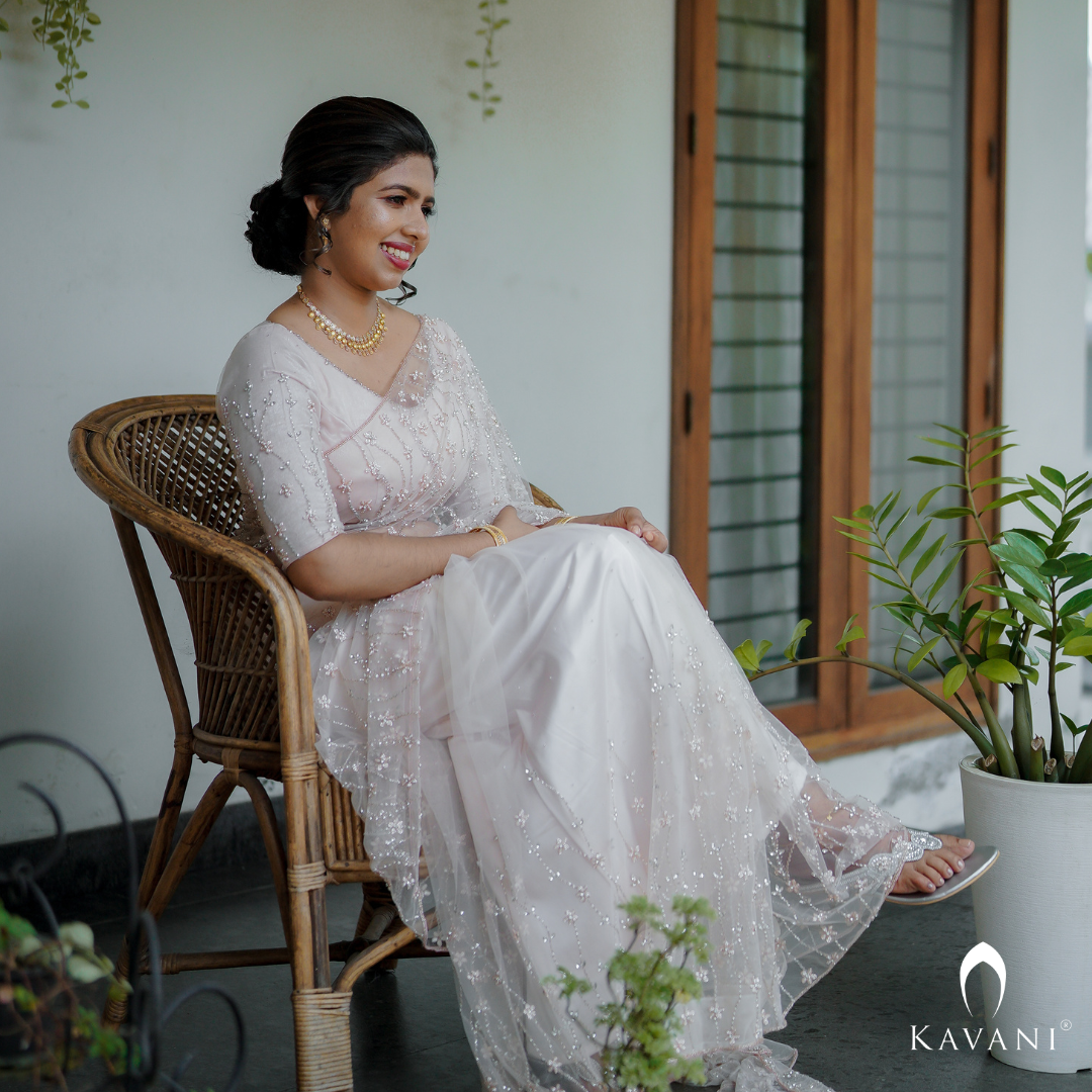 Our pretty bride in stunning outlooking pastel saree with beautiful hand embroidery done all over