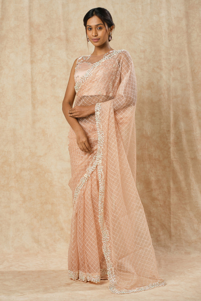 Peach Pink Hand-Embellished Saree with Leaf Border Detailing