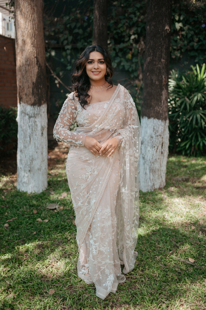 Rose Nude Beaded Ruffle Saree – Premium Chandelier Collection