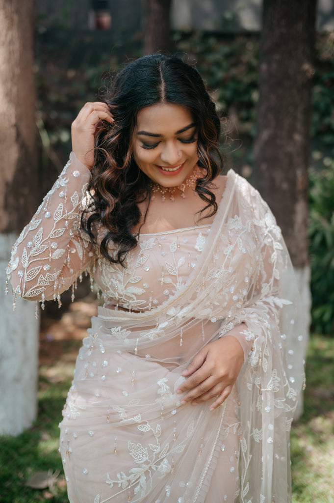 Rose Nude Beaded Ruffle Saree – Premium Chandelier Collection