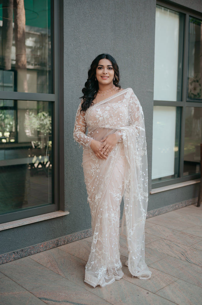 Rose Nude Beaded Ruffle Saree – Premium Chandelier Collection