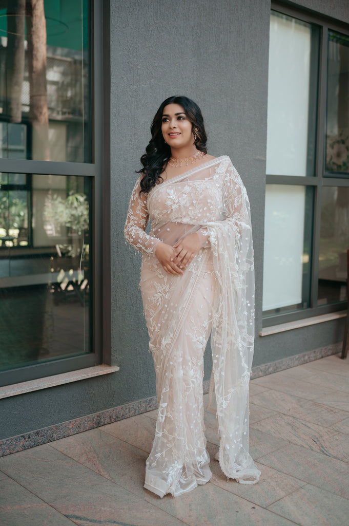 Rose Nude Beaded Ruffle Saree – Premium Chandelier Collection