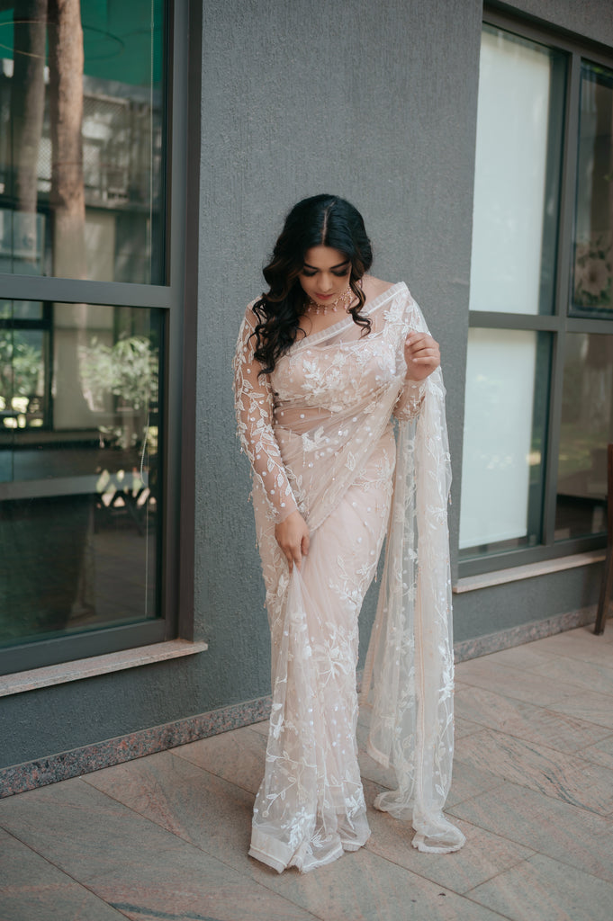 Rose Nude Beaded Ruffle Saree – Premium Chandelier Collection