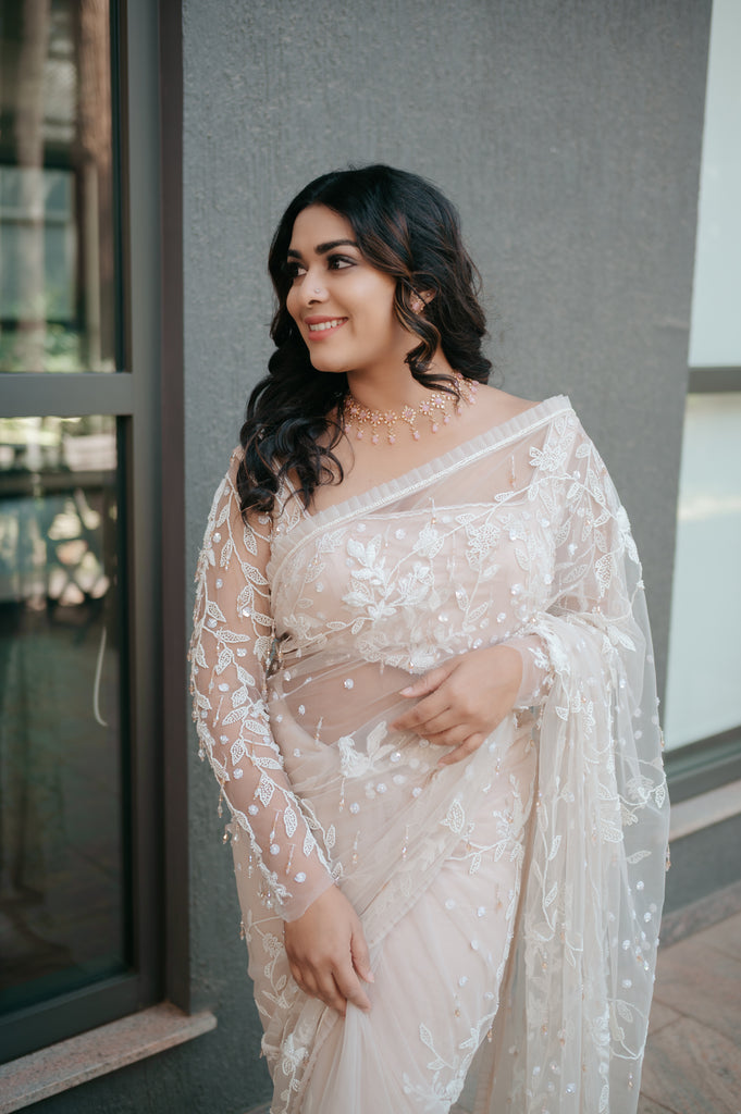 Rose Nude Beaded Ruffle Saree – Premium Chandelier Collection
