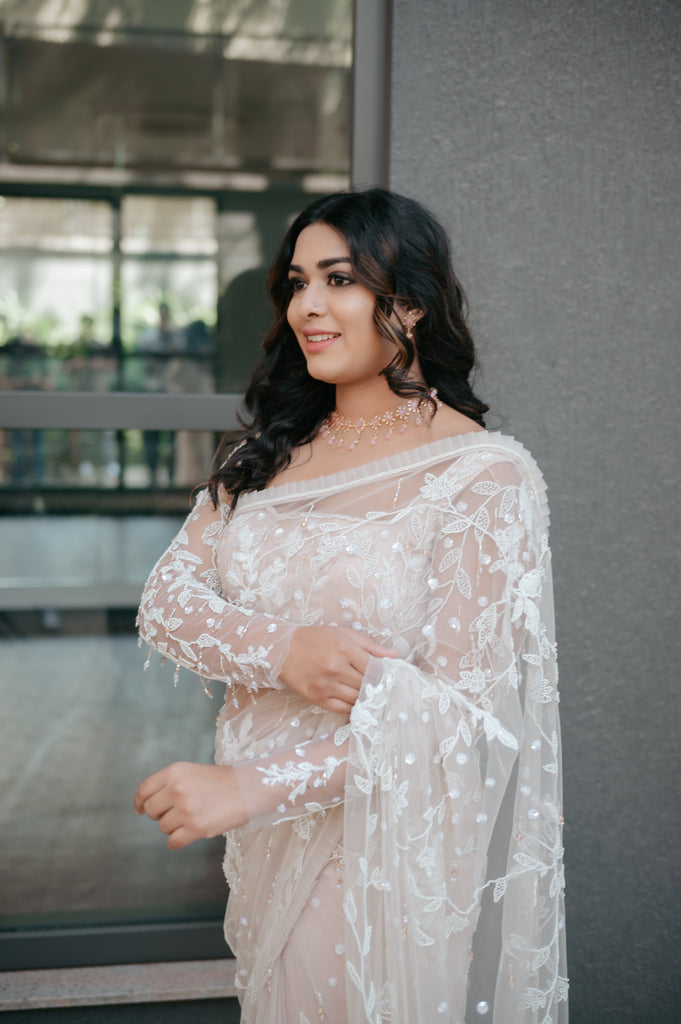 Rose Nude Beaded Ruffle Saree – Premium Chandelier Collection