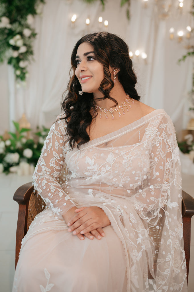 Rose Nude Beaded Ruffle Saree – Premium Chandelier Collection