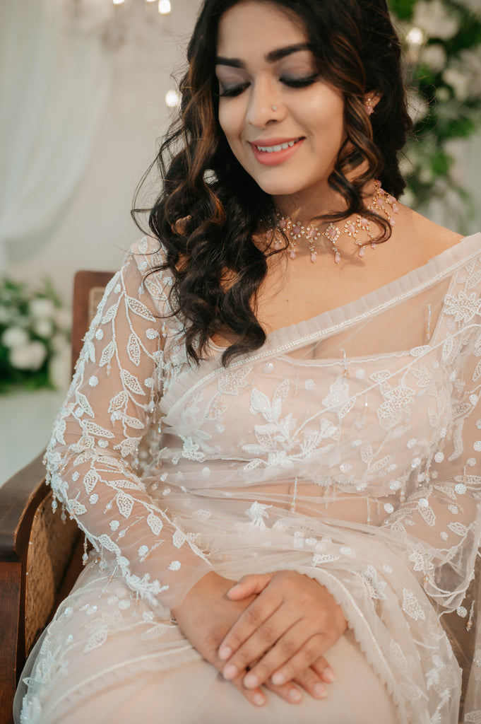 Rose Nude Beaded Ruffle Saree – Premium Chandelier Collection