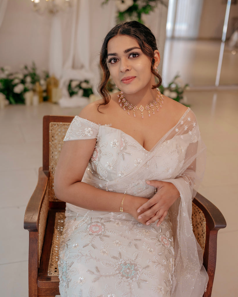 Pastel Floral Beaded Drape Saree with Corset Blouse – Chandelier Collection
