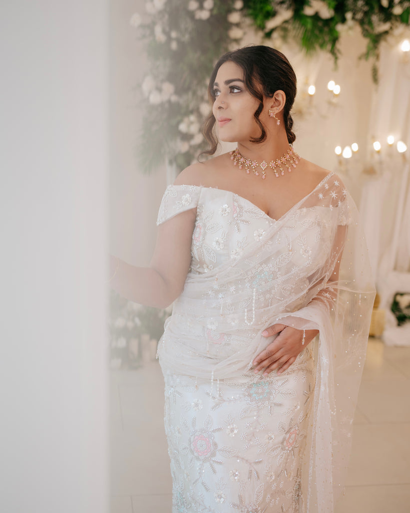 Pastel Floral Beaded Drape Saree with Corset Blouse – Chandelier Collection