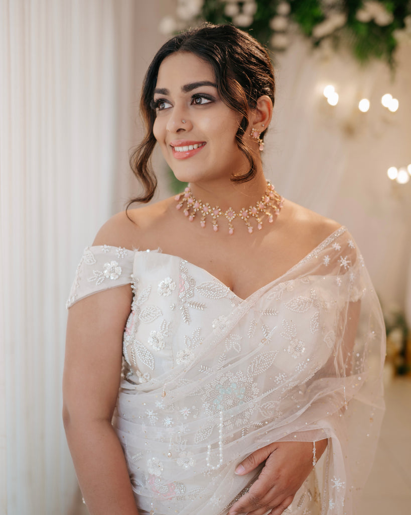 Pastel Floral Beaded Drape Saree with Corset Blouse – Chandelier Collection