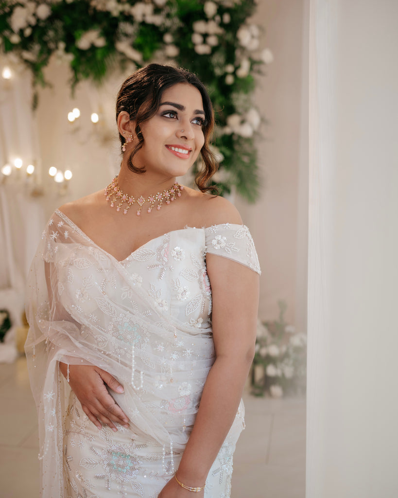Pastel Floral Beaded Drape Saree with Corset Blouse – Chandelier Collection