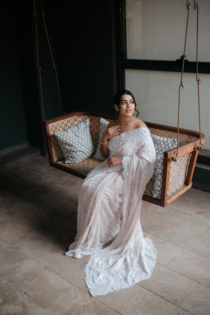 Pearl-Embellished Saree with Chantilly Lace Borders & Cap Sleeve Blouse