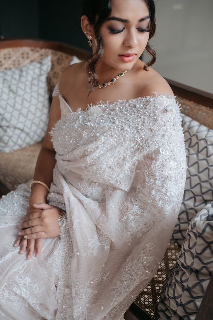 Pearl-Embellished Saree with Chantilly Lace Borders & Cap Sleeve Blouse
