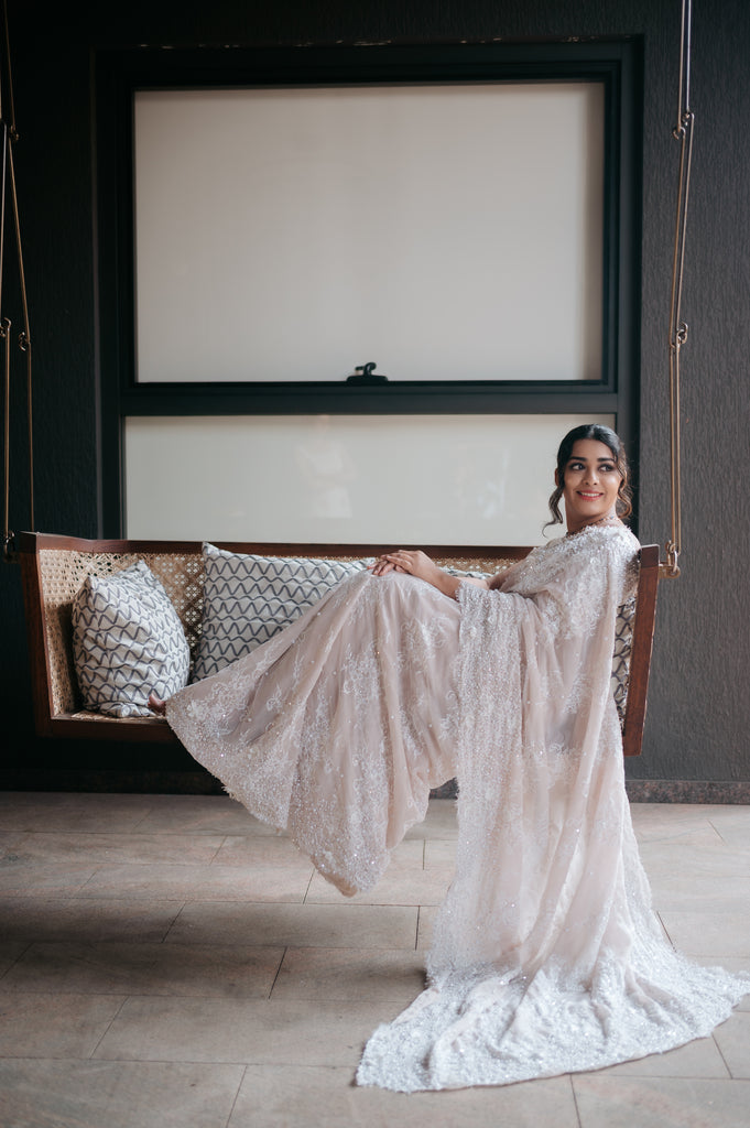 Pearl-Embellished Saree with Chantilly Lace Borders & Cap Sleeve Blouse