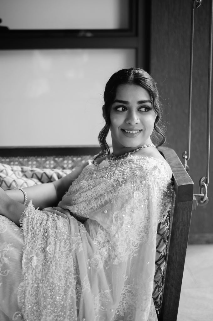 Pearl-Embellished Saree with Chantilly Lace Borders & Cap Sleeve Blouse
