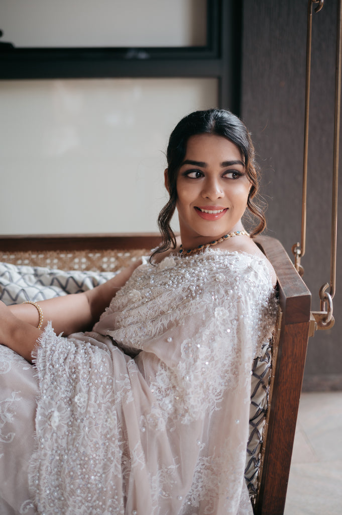 Pearl-Embellished Saree with Chantilly Lace Borders & Cap Sleeve Blouse