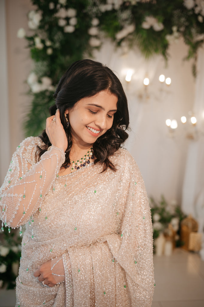 Gold Beaded Saree with Emerald Crystal Accents – Chandelier Collection