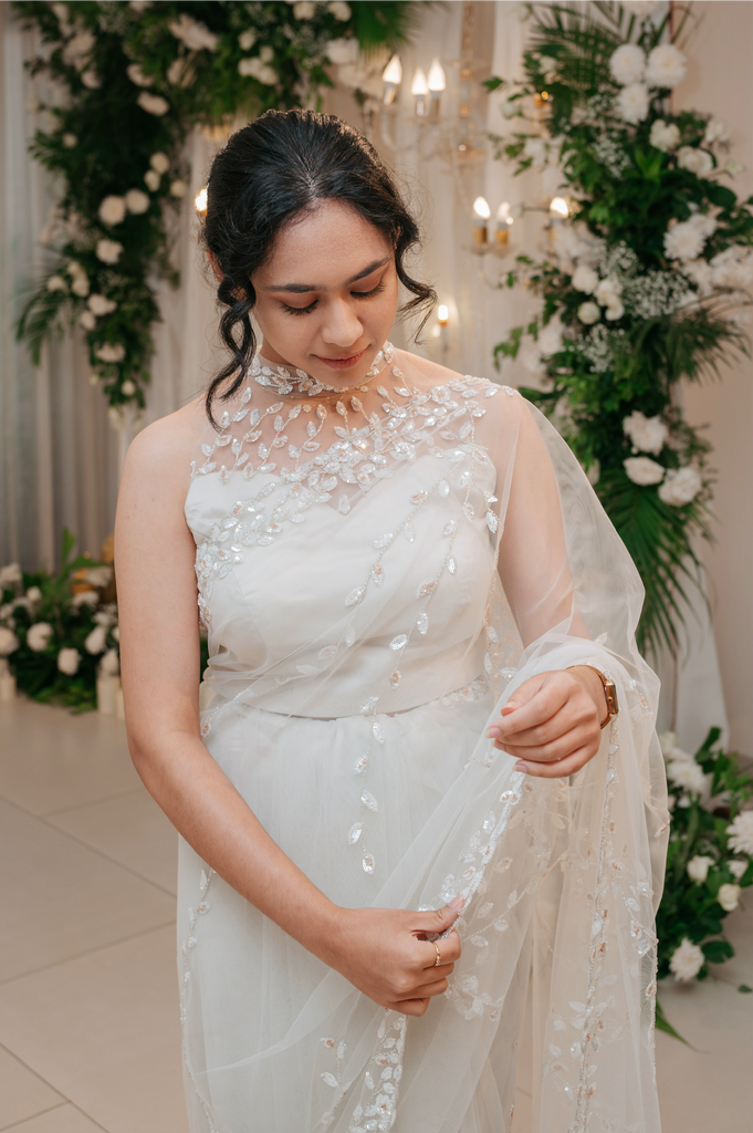 White Halter-Neck Beaded Saree – Chandelier Collection