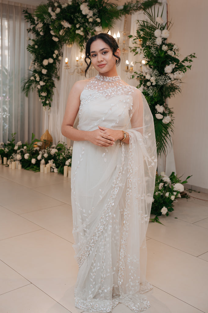 White Halter-Neck Beaded Saree – Chandelier Collection