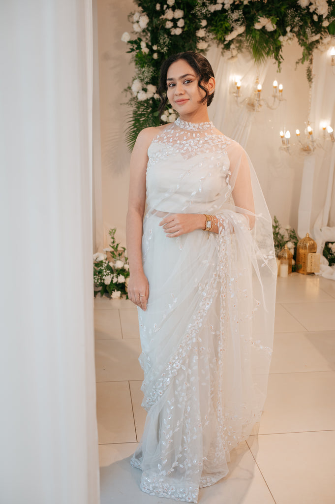 White Halter-Neck Beaded Saree – Chandelier Collection
