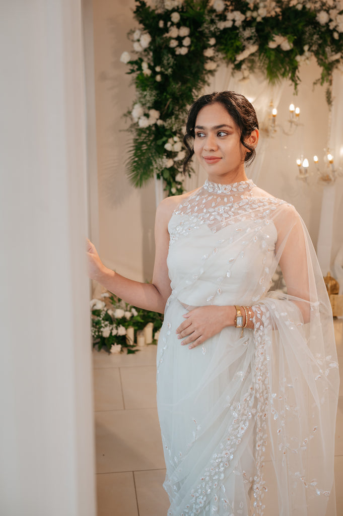 White Halter-Neck Beaded Saree – Chandelier Collection