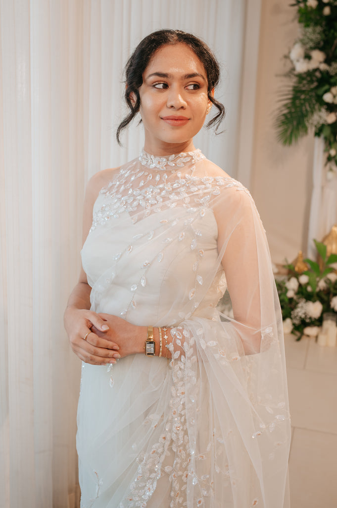 White Halter-Neck Beaded Saree – Chandelier Collection
