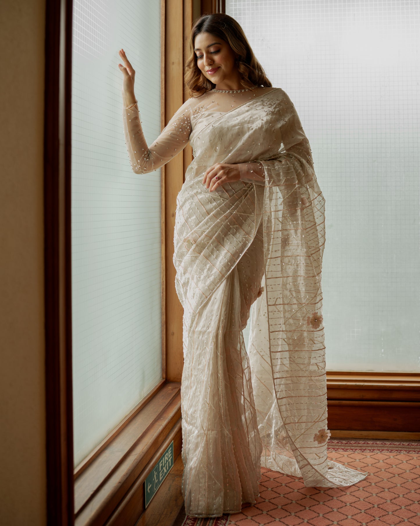 Beautiful  bridal tissue saree  blend of rhinestones   with emblished 3Dwork