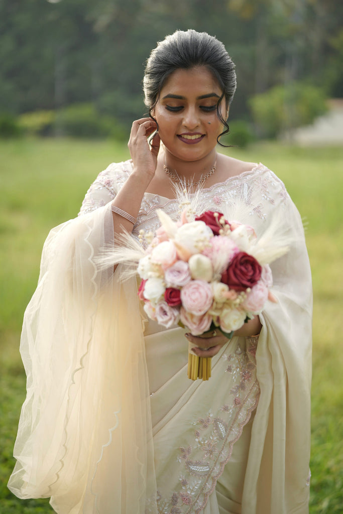 Soft White Net Saree with Pink & Purple Embellished Borders
