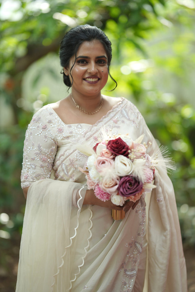Soft White Net Saree with Pink & Purple Embellished Borders