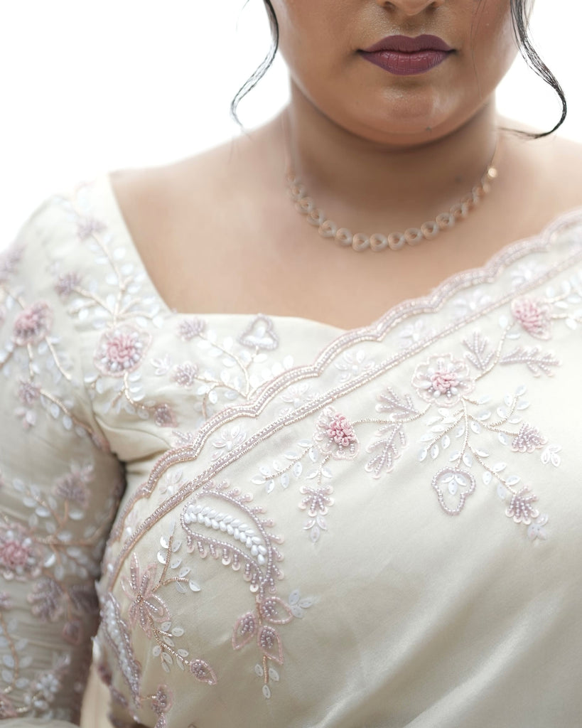 Soft White Net Saree with Pink & Purple Embellished Borders
