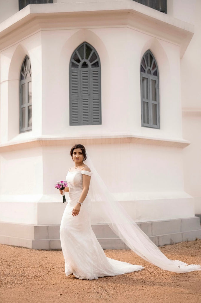 Chantilly Lace Mermaid Gown with Pearl Off-Shoulder Neckline
