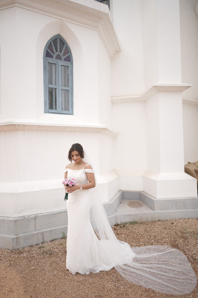 Chantilly Lace Mermaid Gown with Pearl Off-Shoulder Neckline