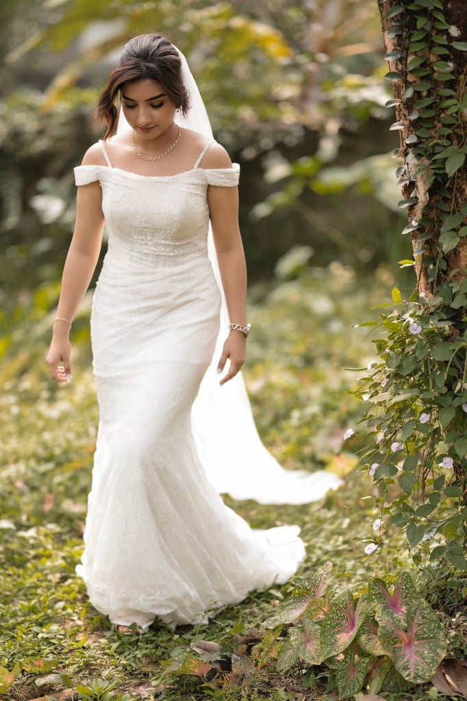 Chantilly Lace Mermaid Gown with Pearl Off-Shoulder Neckline