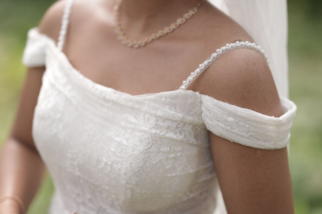 Chantilly Lace Mermaid Gown with Pearl Off-Shoulder Neckline