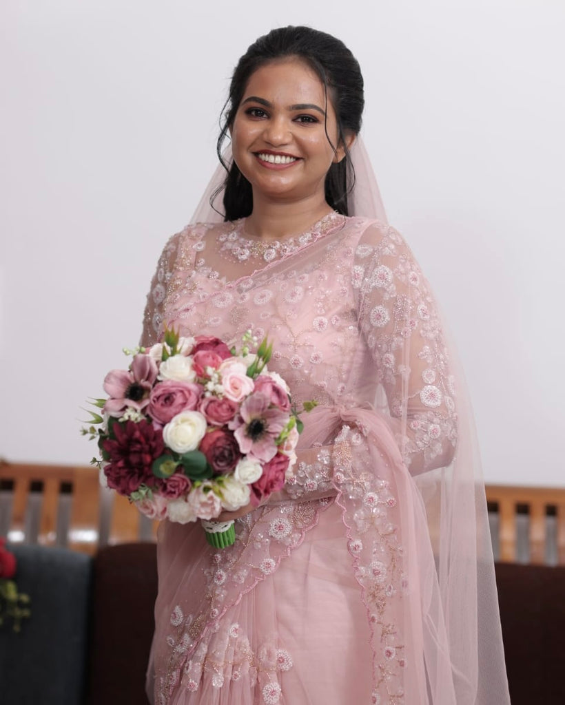 Pastel Pink Saree with Floral Embellished Work