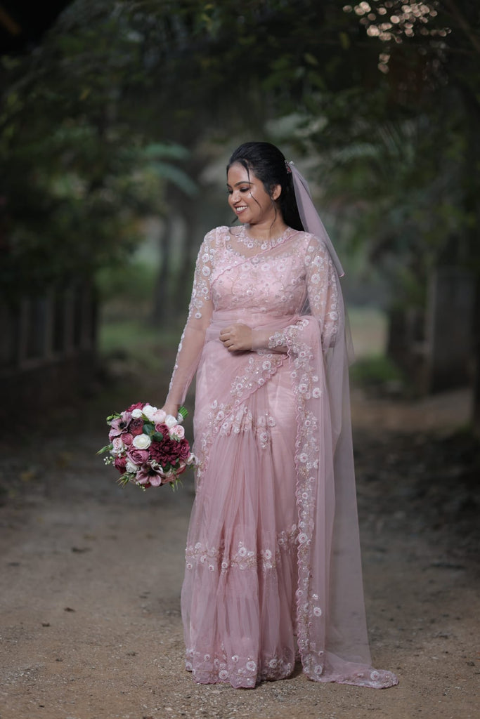 Pastel Pink Saree with Floral Embellished Work